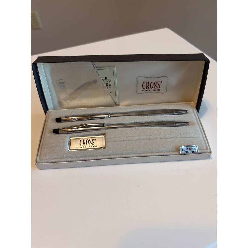 Vintage Cross Century Lustrous Chrome Pen and Pencil Set Original Box‎ AS IS